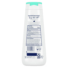 Dove antibacterial body wash bottle with green cap and back label information panel