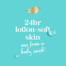 Body wash graphic for 24hr lotion-soft skin with teal droplets and logo