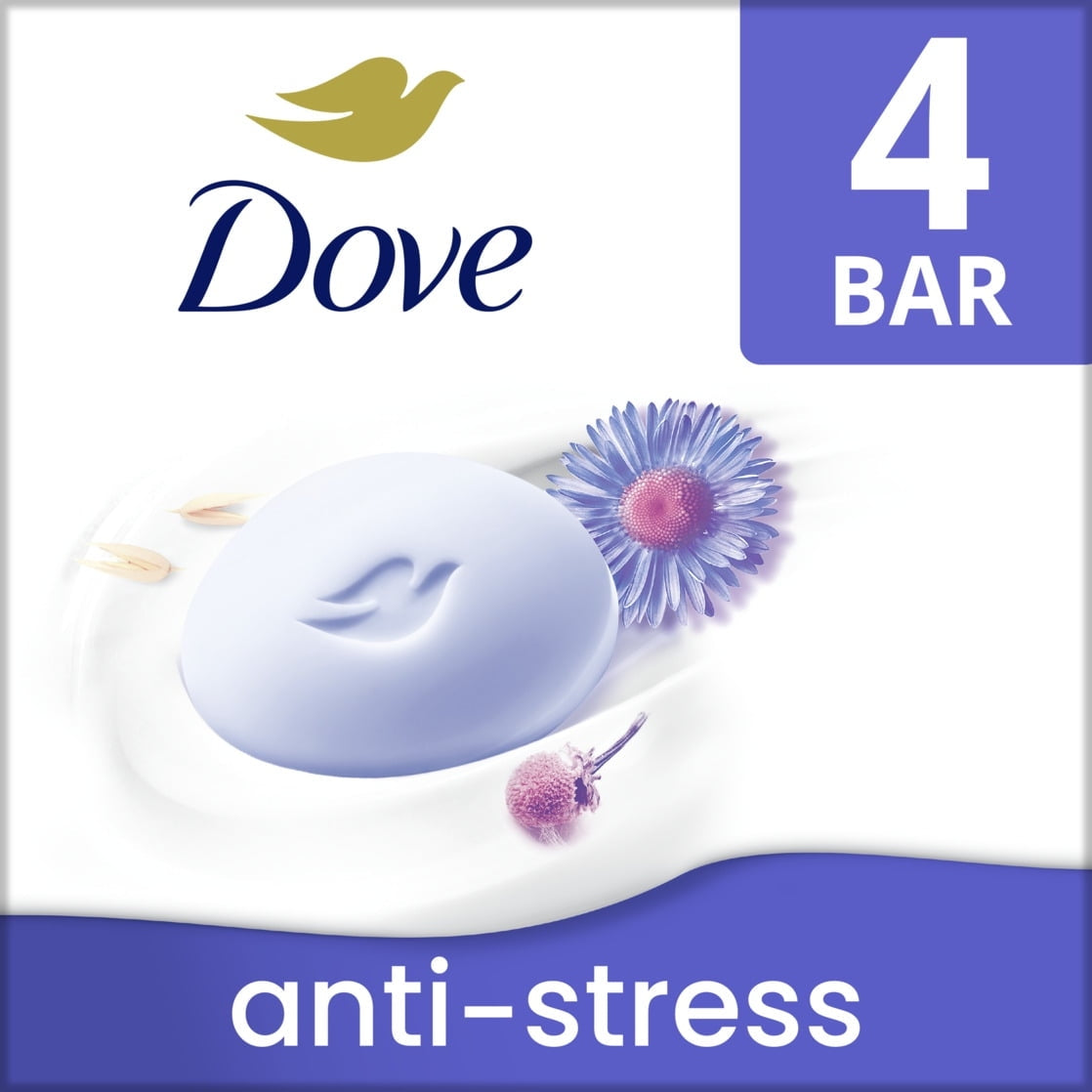 Dove Beauty Bar Women's Bath Soap Anti-Stress Blue Chamomile & Oat Milk, 3.75 oz 4 Count