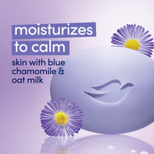 Blue bath soap bar with chamomile and oat milk graphics, moisturizes to calm