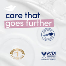 Cleanser care label area with PETA approved badge and Dove lather swirl