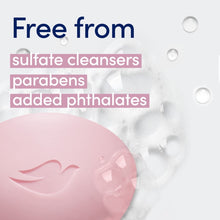 Pink Dove soap bar with bubbles, with “free from sulfate cleansers” text