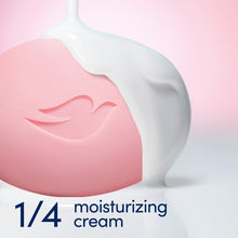 Pink Dove soap bar with dove emblem, shown with “1/4 moisturizing cream” callout