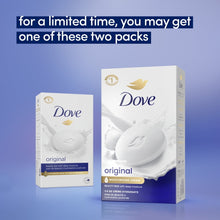 Dove Original beauty bar soap multipack boxes, one box shows 1 and one shows 8