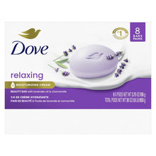 Dove relaxing beauty bar soap box front with lavender flowers and 8 bars