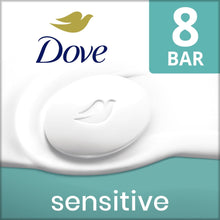 Dove sensitive beauty bar soap, white bar with dove emblem beside 8 bars icon