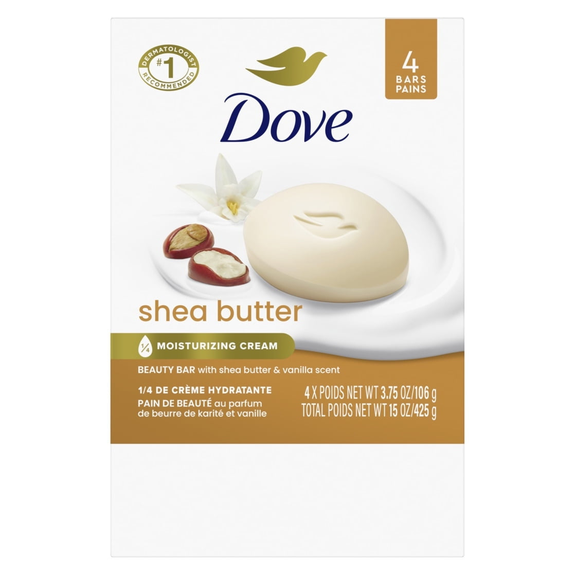 Dove Beauty Bar Women's Bath Soap Shea Butter, 3.75 oz 4 Bars