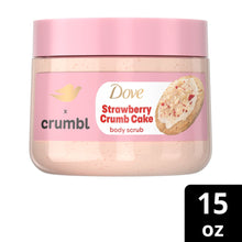Dove crumble Strawberry Crumb Cake body scrub jar with 15 oz size badge