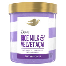 Dove sugar scrub jar with gold lid and purple label, Rice Milk & Velvet Acai