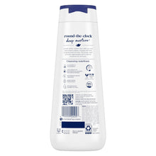 Dove deep moisture body wash bottle back panel with ingredients and icons