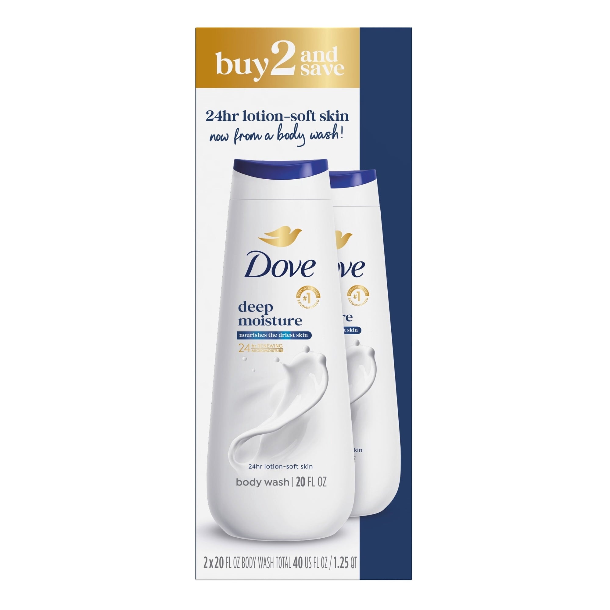 Dove Body Wash For 24hr Lotion-Soft Skin Deep Moisture Moisturizing Skin Cleanser with No Sulfates No Parabens, 20 Fl oz 2 pack