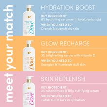 Serum body wash bottles with gold pumps: Hydration Boost, Glow Recharge, Skin Replenish