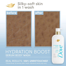 Dove hydration boost serum body wash bottle with before-and-after skin panels
