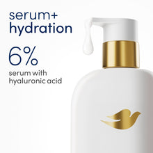 Dove serum+ hydration body wash bottle with gold pump and 6% serum label