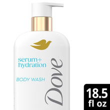 Dove serum+ hydration body wash bottle close-up with gold pump and blue label
