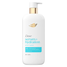 Dove serum+ hydration body wash bottle with white body and gold pump