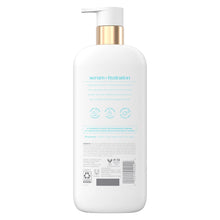 Back of serum body wash bottle with gold pump and ingredient information