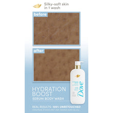 Dove hydration boost serum body wash bottle beside before-and-after panels