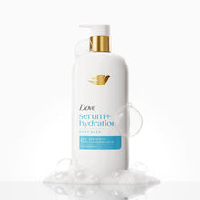 Dove serum+ hydration body wash bottle with gold pump and bubbles around