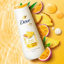 Dove body wash bottle with pineapple & passionfruit label and tropical fruit graphics