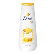 Dove body wash bottle with gold cap, pineapple & passionfruit scent label