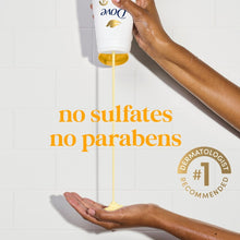 Dove body wash bottle dispensed onto hand, no sulfates no parabens claim