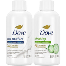 Two Dove body wash bottles: deep moisture and refreshing cucumber & green tea, 3 fl oz each