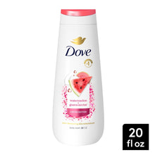 Dove body wash bottle, 20 fl oz, white with pink cap and watermelon guava label