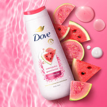 Dove body wash bottle with watermelon slices and pink soap pieces, pink-white label