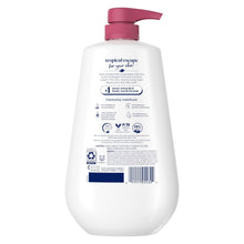Dove replenishment body wash bottle back label view with pink pump