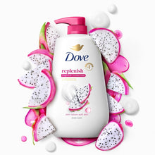 Dove replenishment body wash bottle surrounded by dragon fruit slice graphics