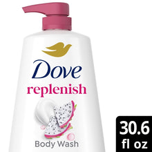 Dove replenishment body wash bottle close-up with pink pump