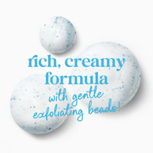 Gentle exfoliating body wash with blue speckled creamy formula