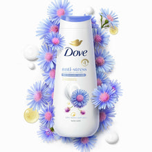 Dove anti-stress body wash bottle surrounded by blue flowers and bubbles