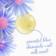 Body wash gel drop with blue chamomile flowers and small bubbles