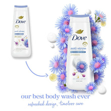 Dove anti-stress body wash bottle with blue flower graphics and floating bubbles