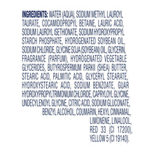 Body wash ingredients label with ingredients text on bottle