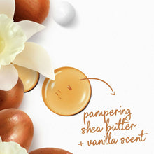Body wash scent graphic with shea butter, vanilla, white flowers, and bubbles
