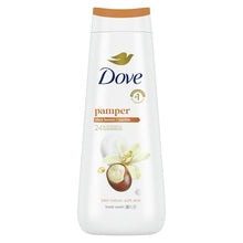 Body wash bottle with Dove Pamper branding and shea butter–vanilla graphics, 20 fl oz