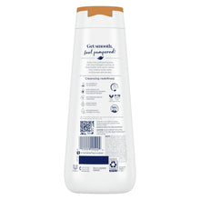 Moisturizing body wash bottle, white with brown cap, back label with text