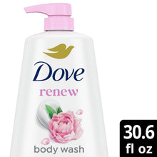 Dove renew body wash bottle with pink pump, peony rose oil label and 30.6 fl oz mark