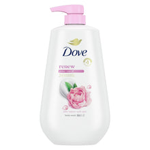 Dove renew moisturizing body wash bottle with pink pump and peony rose oil label