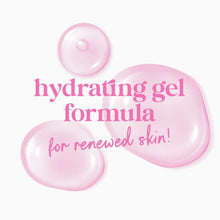 Hydrating gel formula graphic with pink gel shapes and droplets