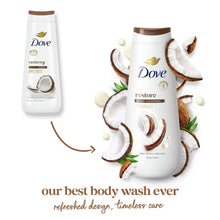 Dove restore body wash bottle with coconut pieces and flakes