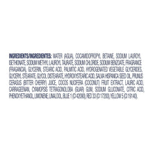 Body wash ingredients list text panel with multiline ingredient details