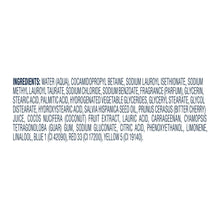 Body wash ingredients list text panel with long ingredient lines