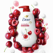 Dove cherry & chia body wash bottle with red pump, white bottle
