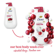 Dove revitalize body wash bottle with cherry illustrations and bubbles