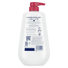Dove body wash bottle back with label text, barcode, and QR code