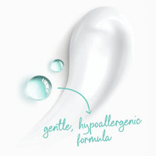 White body wash bottle with teal-green drop icons, gentle hypoallergenic formula